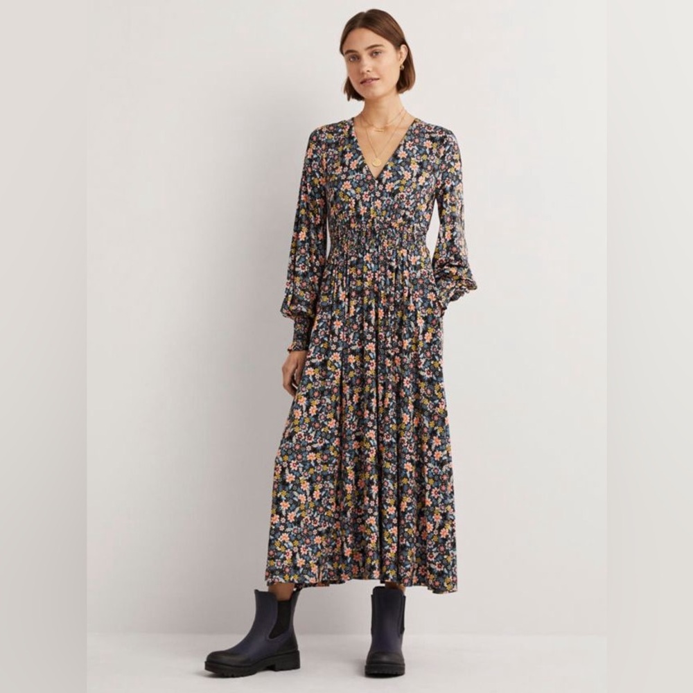 Boden Floral Smocked Jersey Maxi Dress, Graphite Leaf/Multi